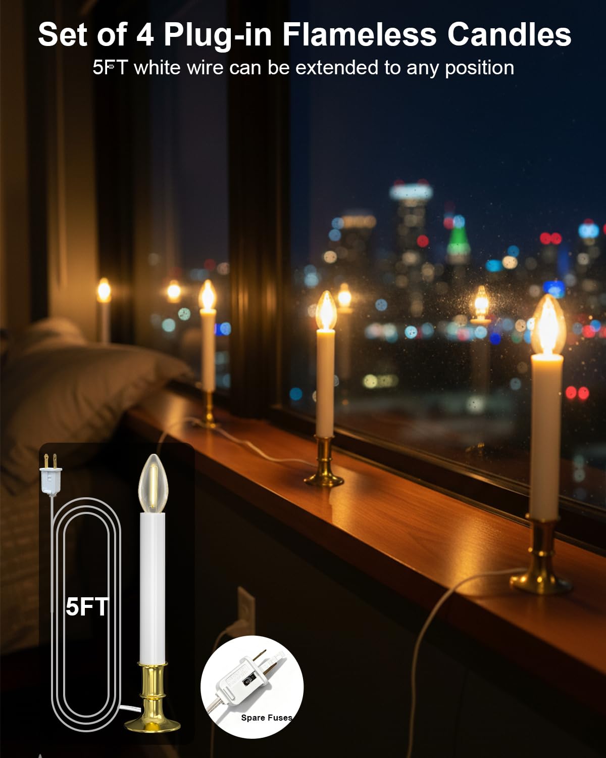 SUNSGNE Christmas Electric Window Candle Lights with Auto Sensor, Dusk to Dawn Candle Lamps with Gold Plated Base, 9'' Plug in Candle Lights with 0.6W LED E12 Bulbs for Window Table Decor, 4 Pack