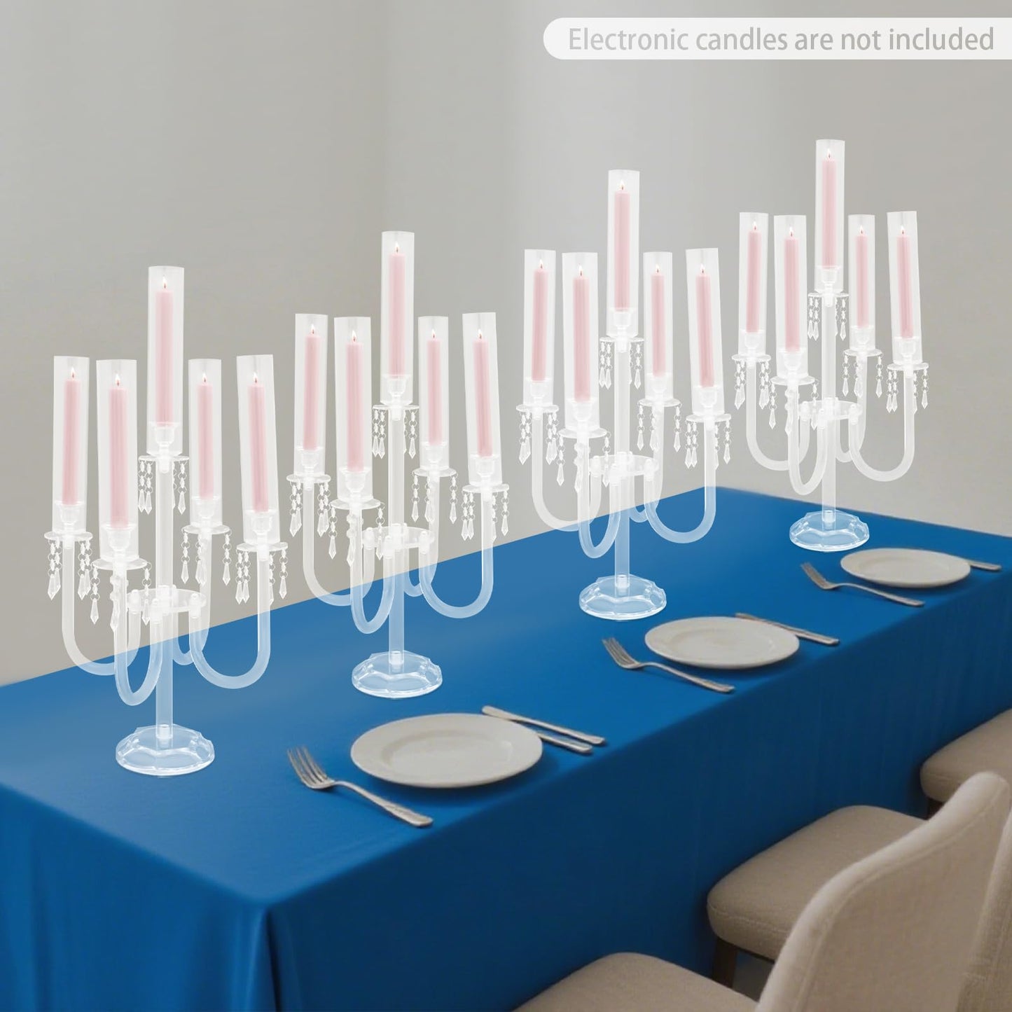 4 Pcs Acrylic Candelabra Centerpieces with Crystal Beaded, 5 Arm Clear Crystal Candlesticks Holder for Wedding, Candelabra Centerpiece Stands with Removable Lampshade for Party