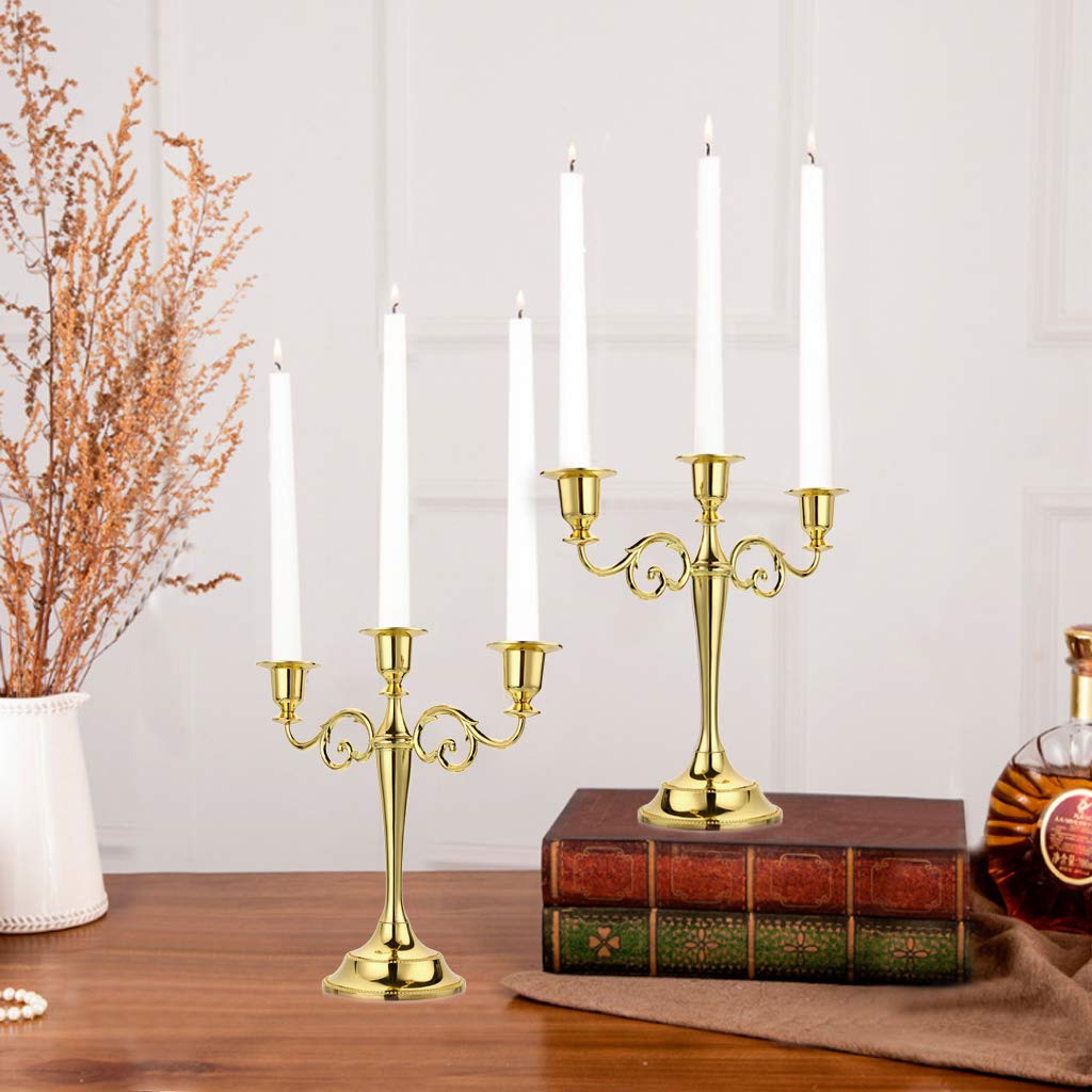 OwnMy 3 Arms Metal Candelabra Candlestick Silver European Elegant Candle Holder Candle Stand for Wedding Dining Table Christmas Party Home Decoration (Golden Tone)