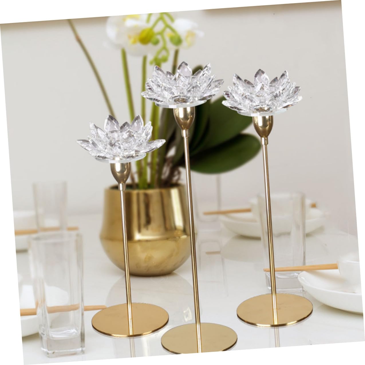 JOINPAYA Crystal Lotus Candlestick Holder Metal Candle Stand Small Gold Decorative Candle Stick for Wedding Dining Room Centerpiece