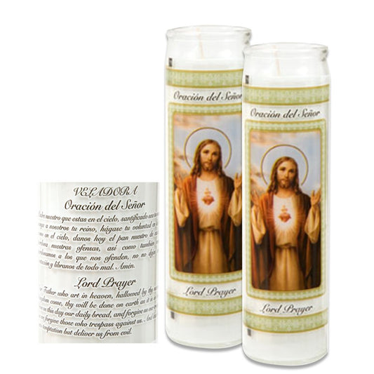 Veladora Prayer Candle (bundle of 2 pcs) Jesus ( Sacred Heart) THE LORDS PRAYER printed on back of each candle