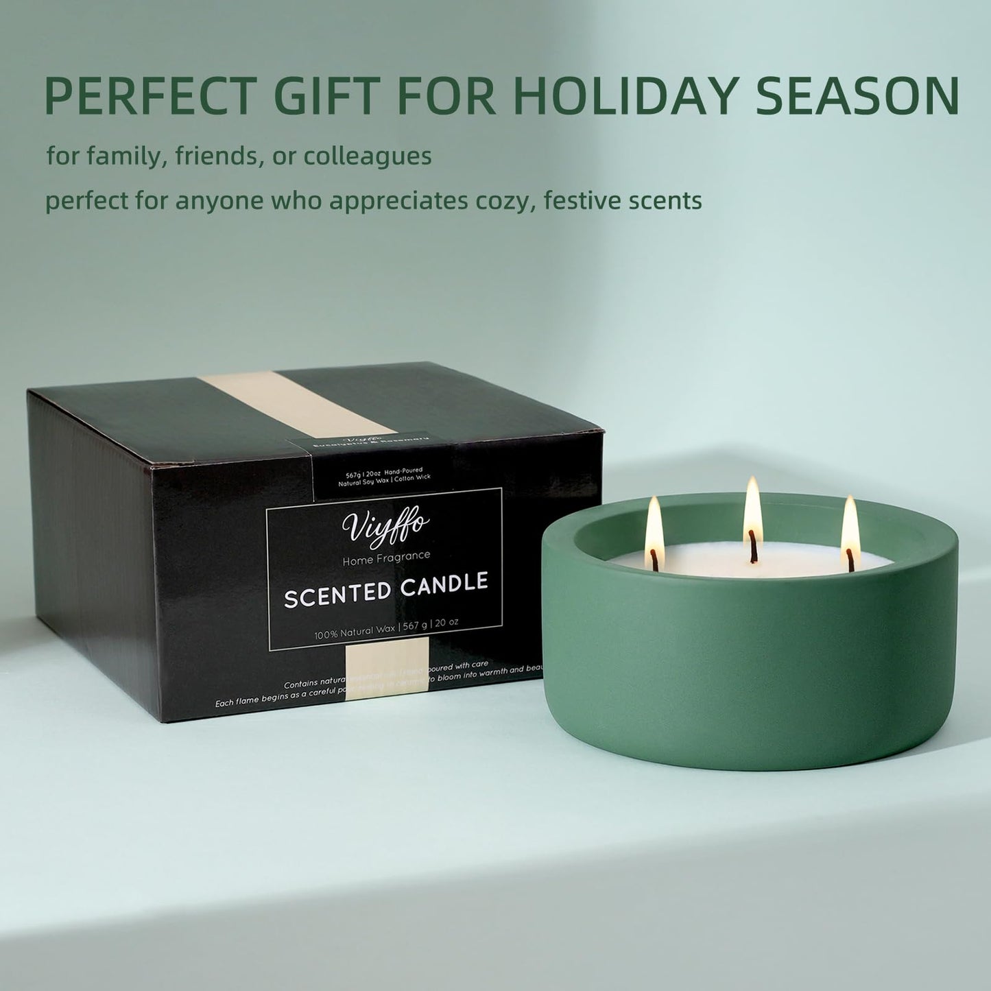 Viyffo 3 Wick 20oz Large Green Scented Candle – Pine & Cinnamon, Non Toxic Soy Candle for Women & Men, Matte Ceramic Jar, Perfect Luxury Home Fragrance, Elegant Décor & Premium Gift