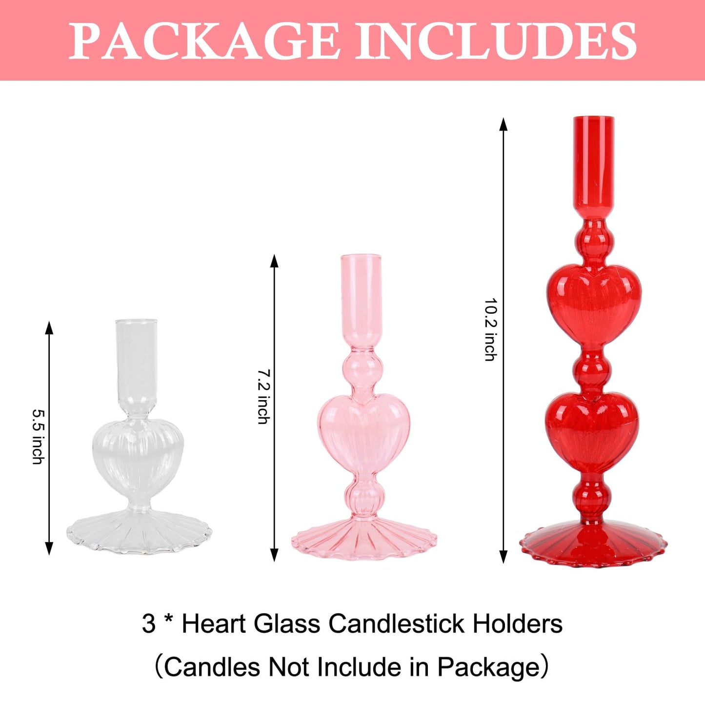 JarThenaAMCS 3Pcs Valentine's Day Taper Candle Holder Glass Candlestick Holder Clear Red Pink Heart Candle Stick Vase for Wedding Anniversary Party Table Centerpiece Decor