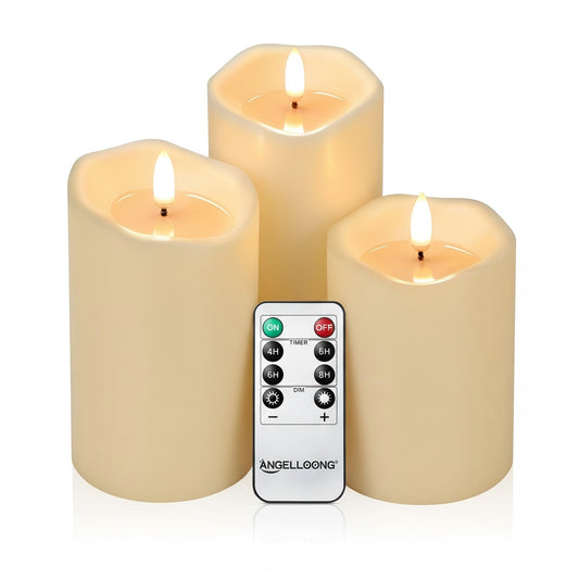 ANGELLOONG Flameless Candles with Remote, Flickering Battery Operated Pillar LED Candles with 4/5/6/8H Timer for Bridal Shower, Wedding Table Decor, Home Decor, Set of 3