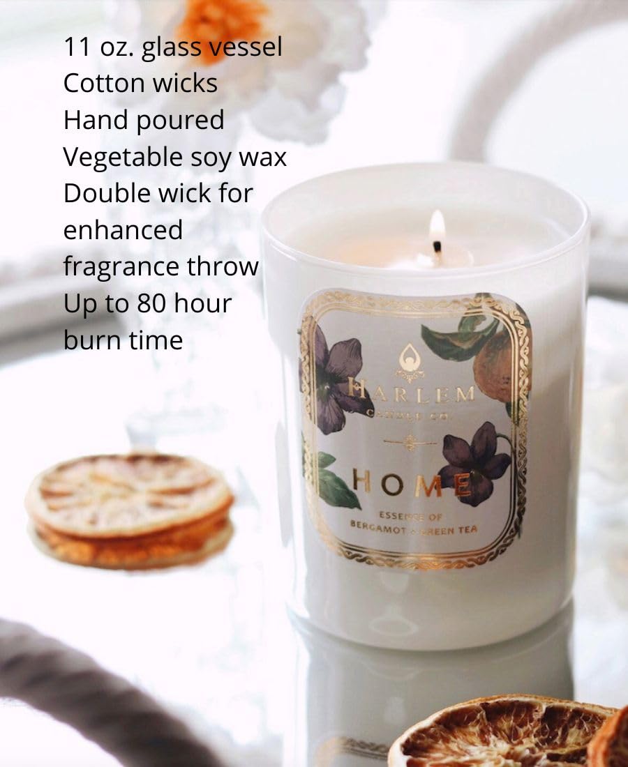 HARLEM CANDLE CO. Home - Luxury Scented Soy Candle, 11 oz - 80-Hour Burn Time | Bergamot, Jasmine, Sandalwood, Mandarin Orange and Green Tea Leaves | Scented Candles for Home