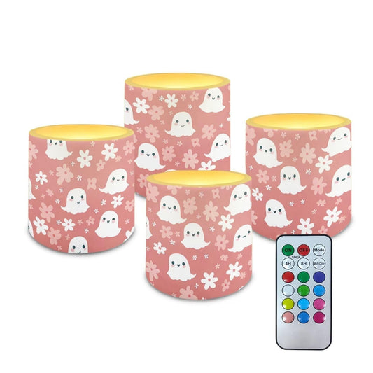 Merkmak Pink Battery Operated Flameless Candles with Remote and Timer Halloween Flameless LED Pillar Candles for Banquet, Party, Home Decoration Battery Tealights, Spider Web Ghost