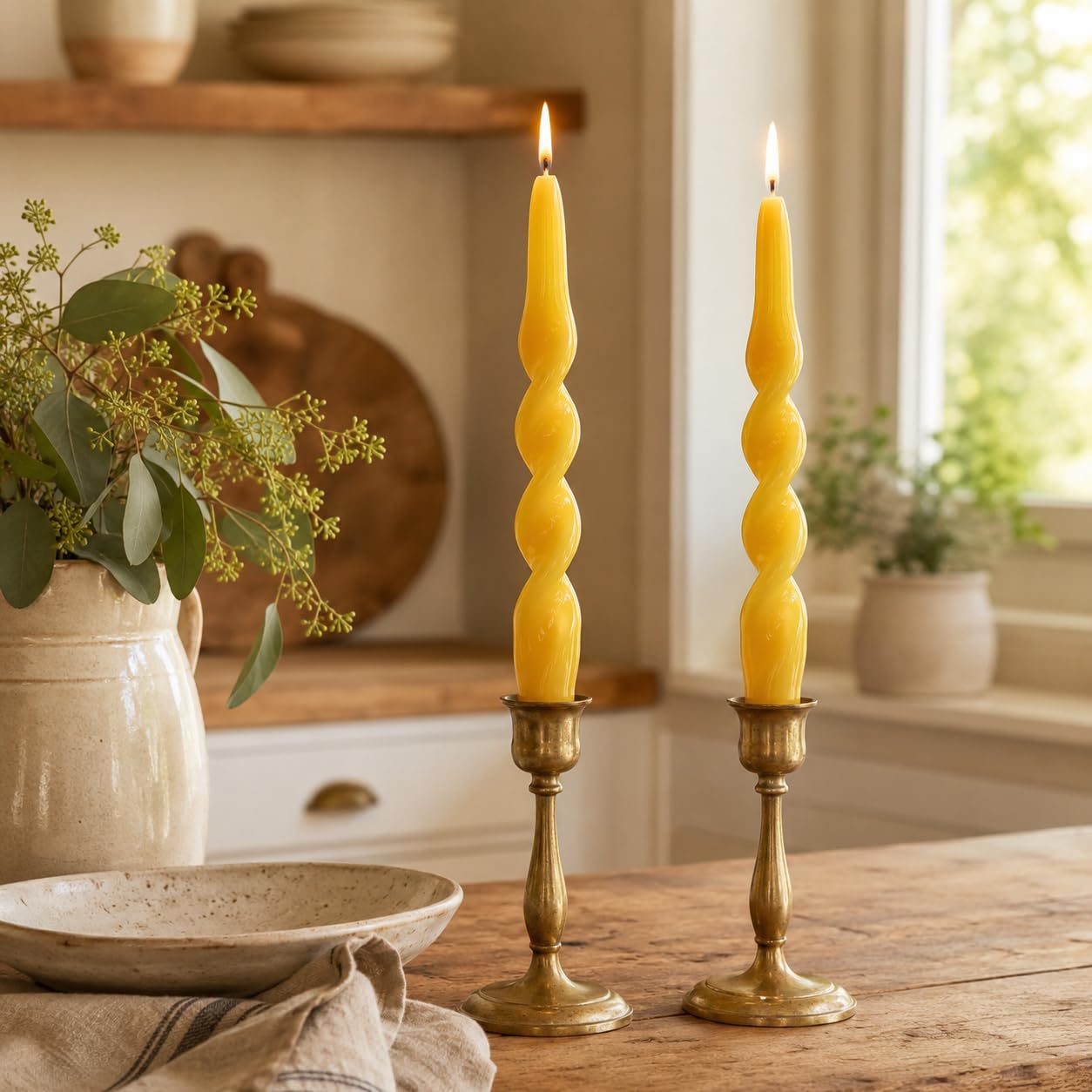 Beeswax Spiral Taper Candles Set of 2, 10 Inch Handmade Beeswax Candle Sticks, Natural Tapered Candles, Decorative Candlesticks for Wedding Dinner Home Gift
