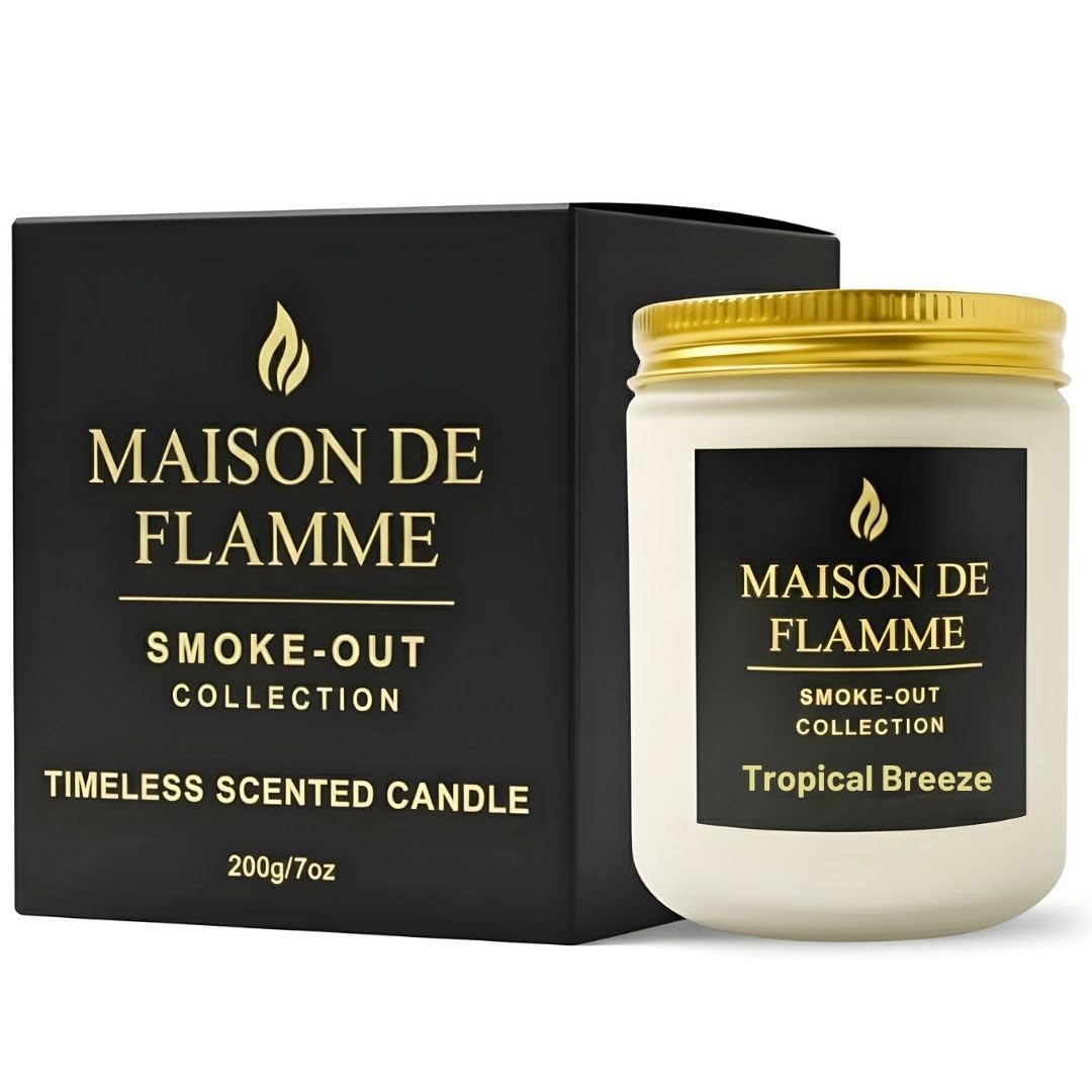 MAISON DE FLAMME Tropical Breeze Odor-Eliminating Scented Candle (White Jar, 200g/7oz) | Long-Lasting Premium Soy Wax Candle for Smoke, Kitchen & Pet Odors