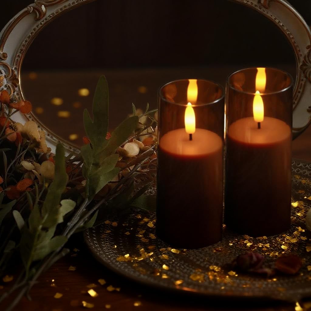 EZiKitchen 2 Pack LED Battery Operated Candles 2"x 5" Plastic Flickering Flameless Candles with Timer Wedding Party Halloween Christmas Decoration Gifts Slim Tall Pillar Candles,Brown