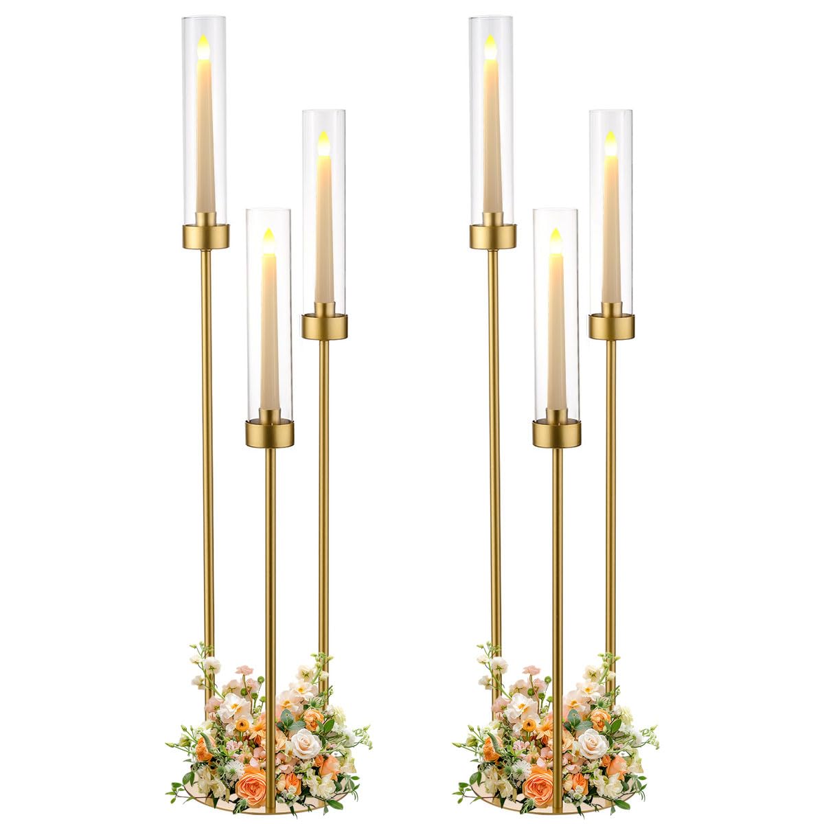 Vincidern 2pcs Gold Taper Candle Holder 3-arm Candelabra Decorative Candlestick Holder for Table Centerpieces, Wedding, Dining Room, Events, Party (33in Tall)