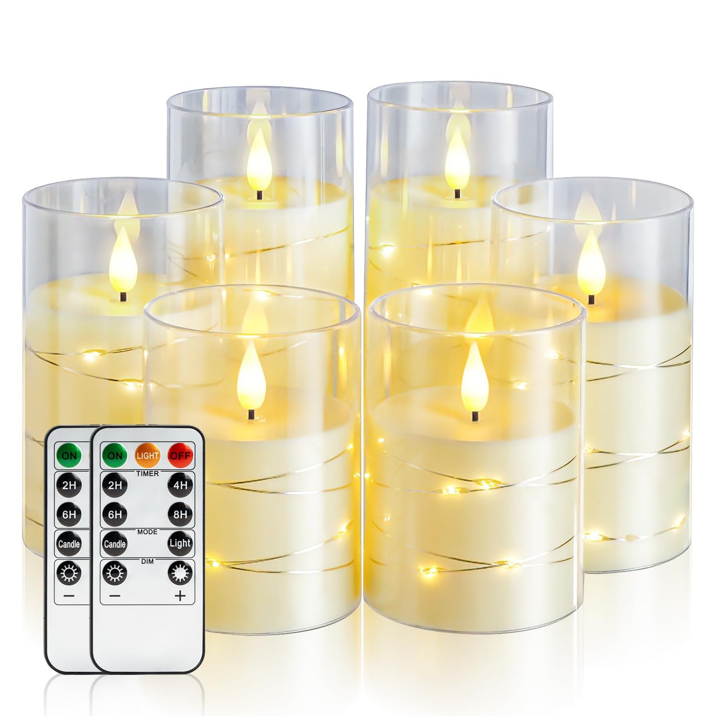 Amagic LED Flameless Candles, Battery Operated Candles with Embedded Fairy Lights, Acrylic Fake Candles with Remote and Timer for Wedding Home Decor, Ivory White, Set of 6, D3 x H4 5" 6"
