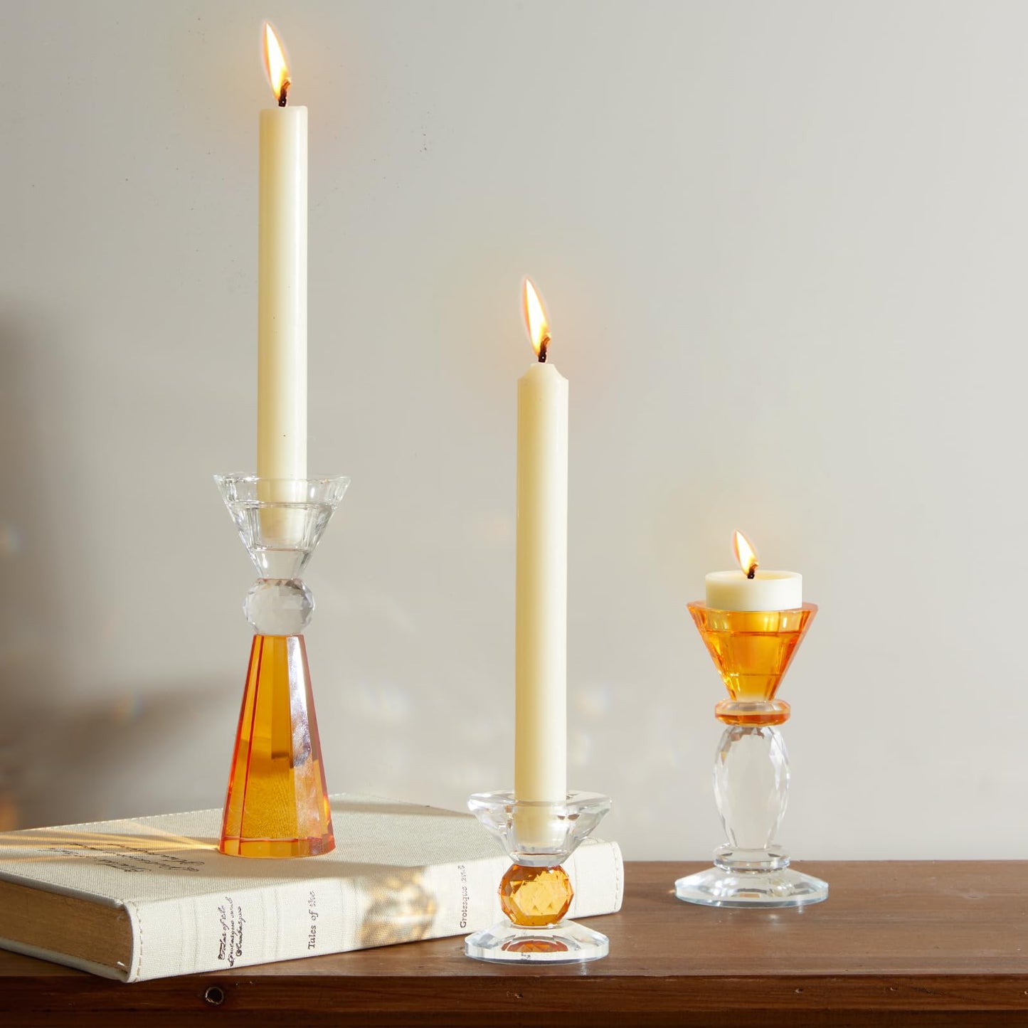 DN DECONATION Glass Candle Holder Set of 3, Candlesticks Holders Amber & Clear Crystal Tealight Candles Holder for Table Centerpiece Wedding Decorations Housewarming Gift Living Room Party