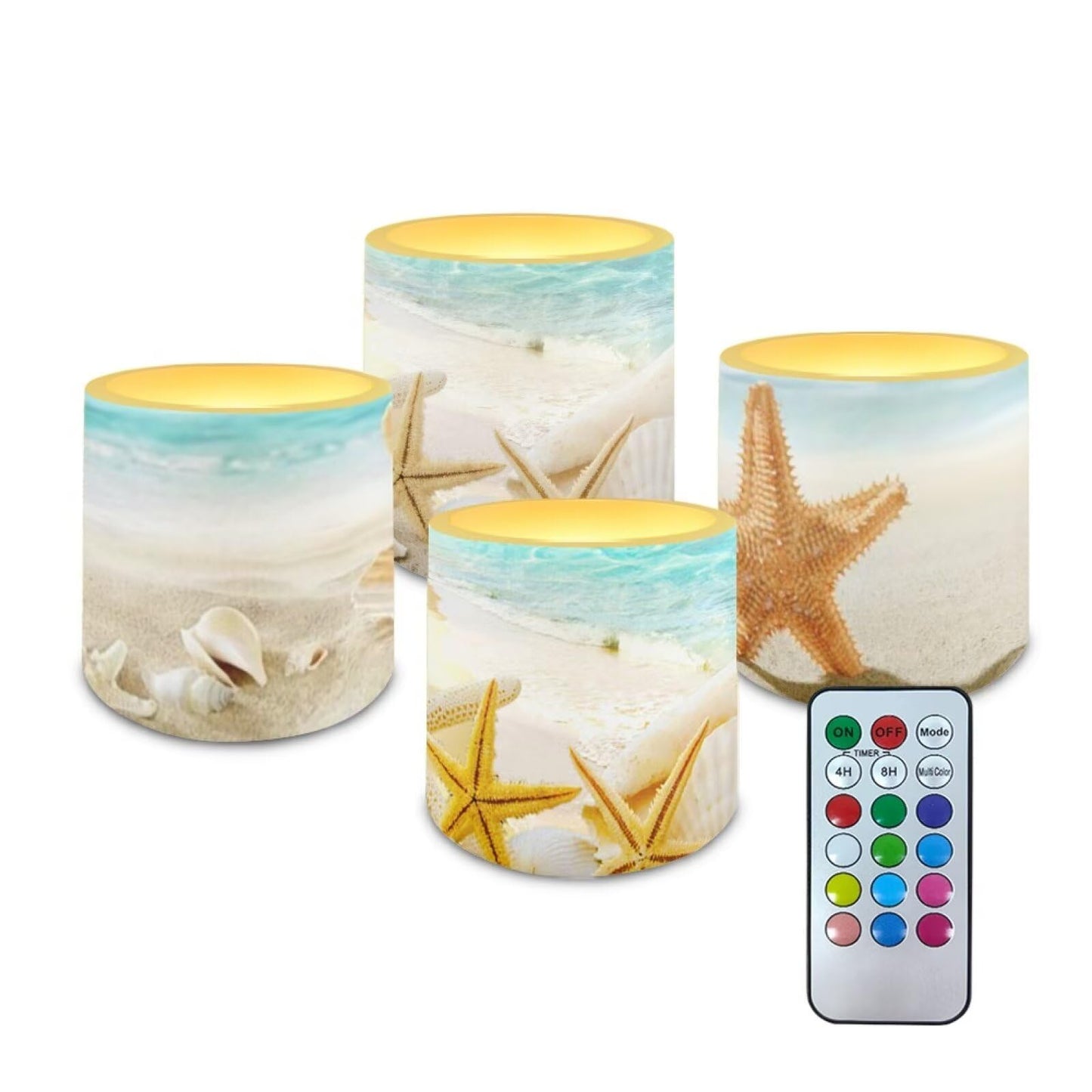 NETILGEN Beach Starfish Seashell 4 Packs Flameless Candles with Remote Timer Color Changing Realistic Flickering Flameless Candles Battery Operated Candles
