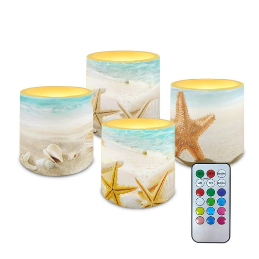 NETILGEN Beach Starfish Seashell 4 Packs Flameless Candles with Remote Timer Color Changing Realistic Flickering Flameless Candles Battery Operated Candles