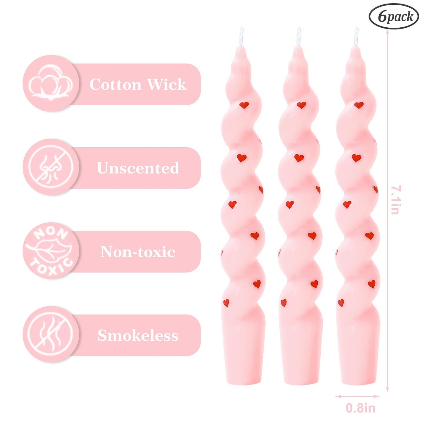 JarThenaAMCS 6Pcs Valentine's Day Spiral Taper Candles 7 Inch Red Pink Heart Decorative Candles Unscented Dripless Twisted Candlesticks for Birthday Wedding Anniversary Party Home Table Decor