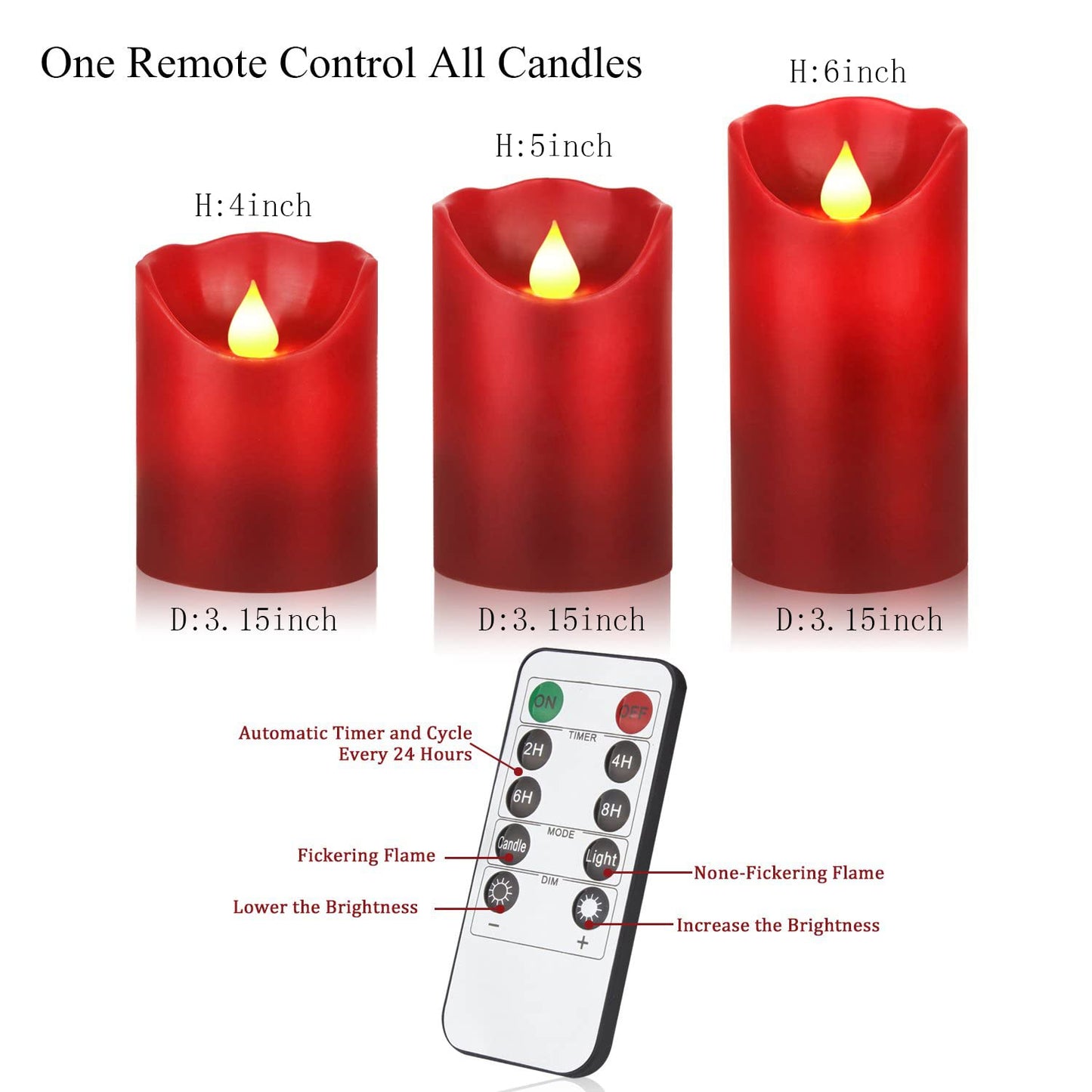 JUNPEI LED Candles, Battery Flickering Candles, Set of 3 Red Real Wax,300+ Hour Decorating Pillars Candles, with10 Buttons Remote Control with 24 Hour Timer Function for Decoration Christmas