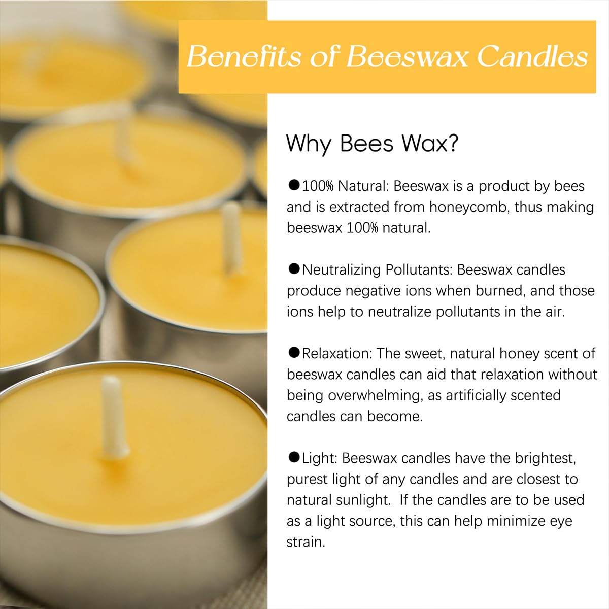 Beeswax Tea Candles in Cup, 24 Pcs, Natural Beeswax Tealight Candles with 4 Hours Burn Time for Home Decor, Air Purification, Honey Scent Pure Bees Wax Tea Light Candle