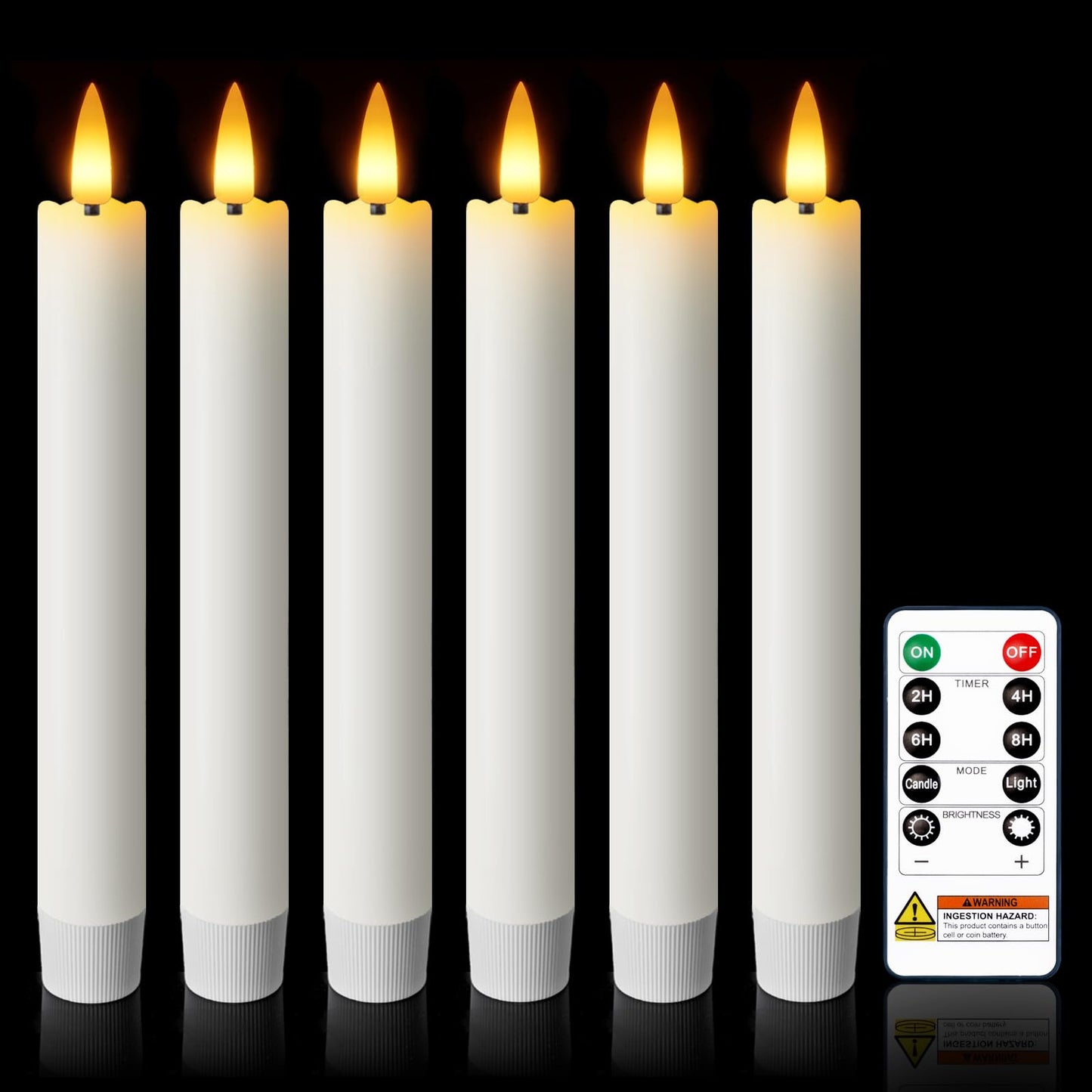 Meigic 7 Inches Dripless Flameless Taper Candles with Remote Timer Dimmer, Real Wax Battery Candlesticks, 3D Flame Fake Candlesticks for Home Wedding Christmas Decor, White, 6 Pcs