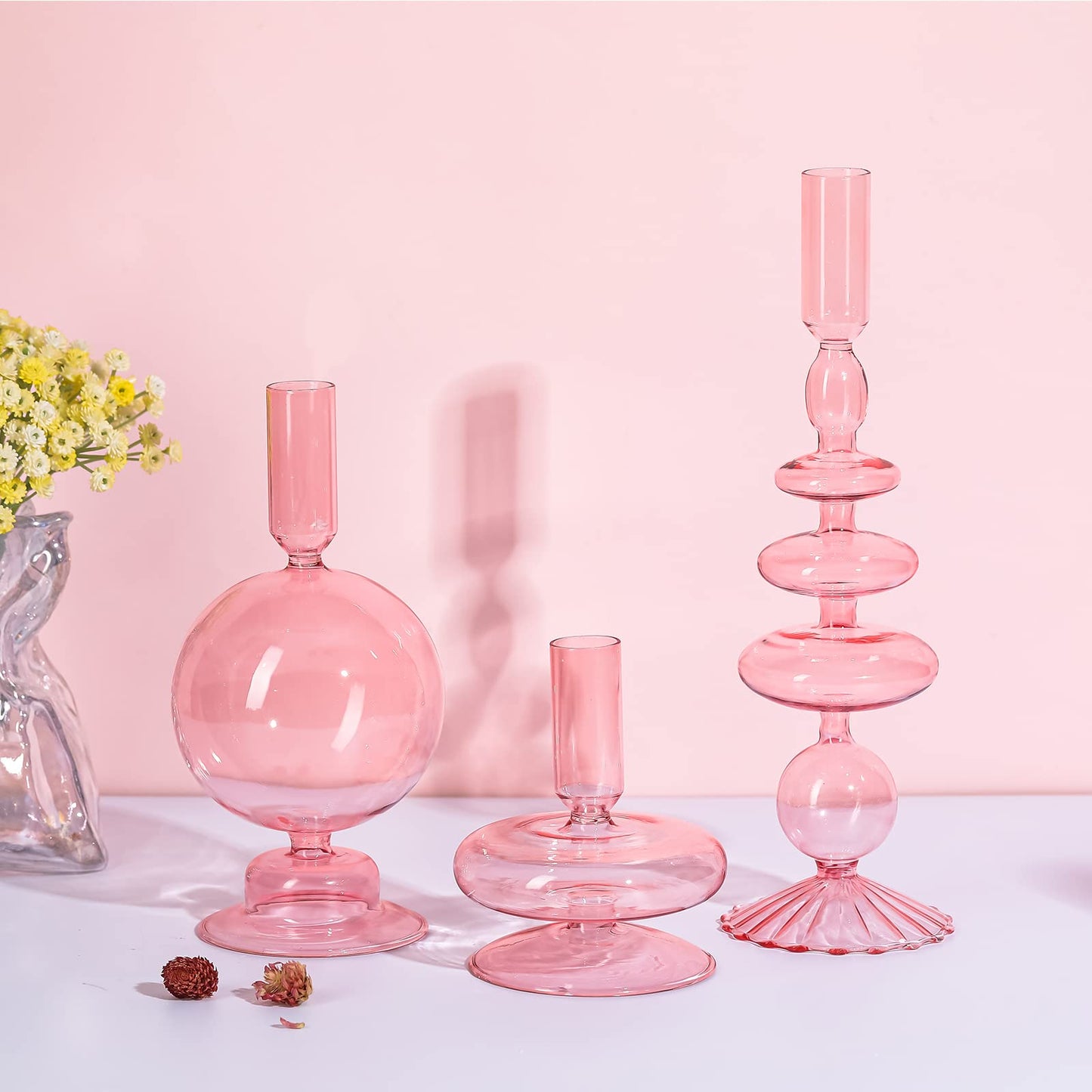 Rtteri 3 Pcs Glass Candlestick Holders Glass Candle Holders Groovy Wavy Elegant Taper Candle Stick for Wedding Home Birthday Party Easter St Patricks Day Decoration Windowsill Decor(Pink)