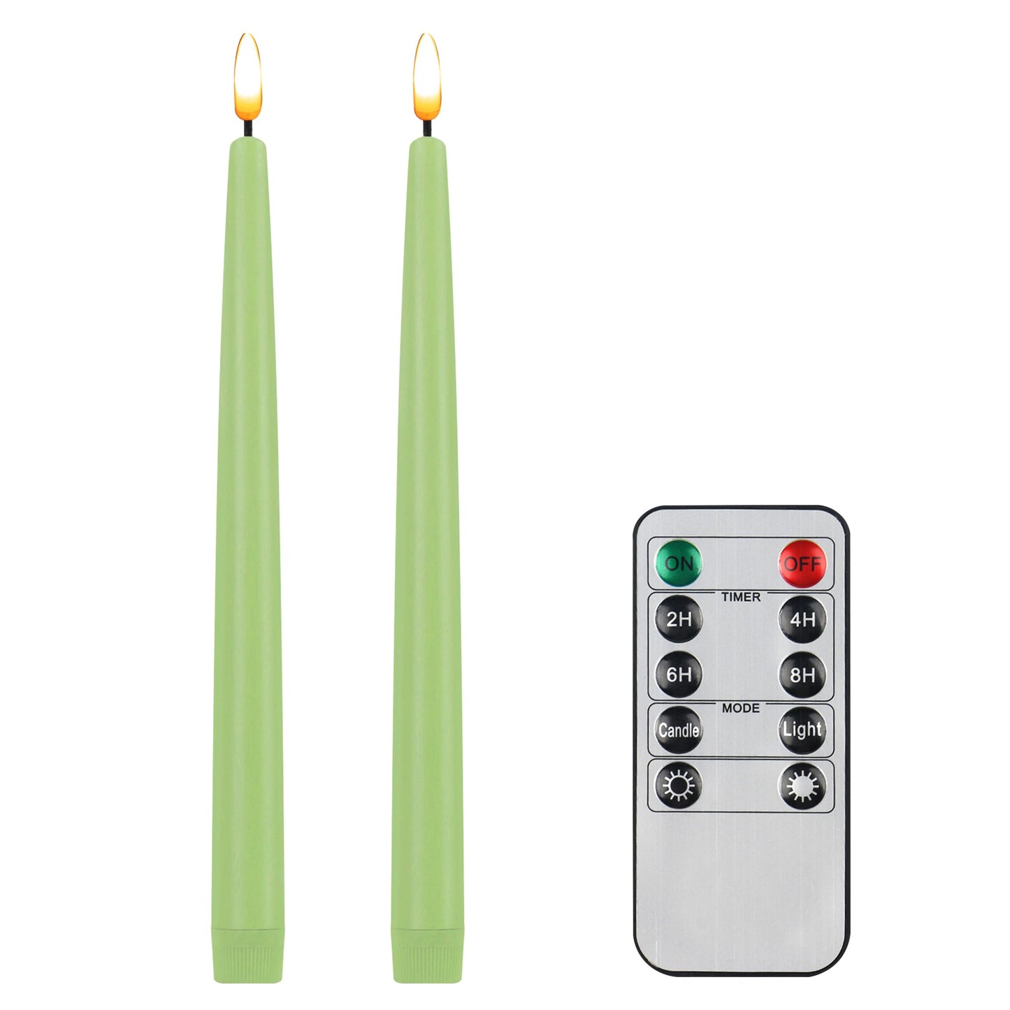 CVHOMEDECO. Flameless Taper Candles with 10-Key Remote, Battery Operated Led Flickering 3D Wick Window Candles Real Wax Finished Home Christmas Party Decor 0.78 x 11 Inch, Pack of 2, Light Green