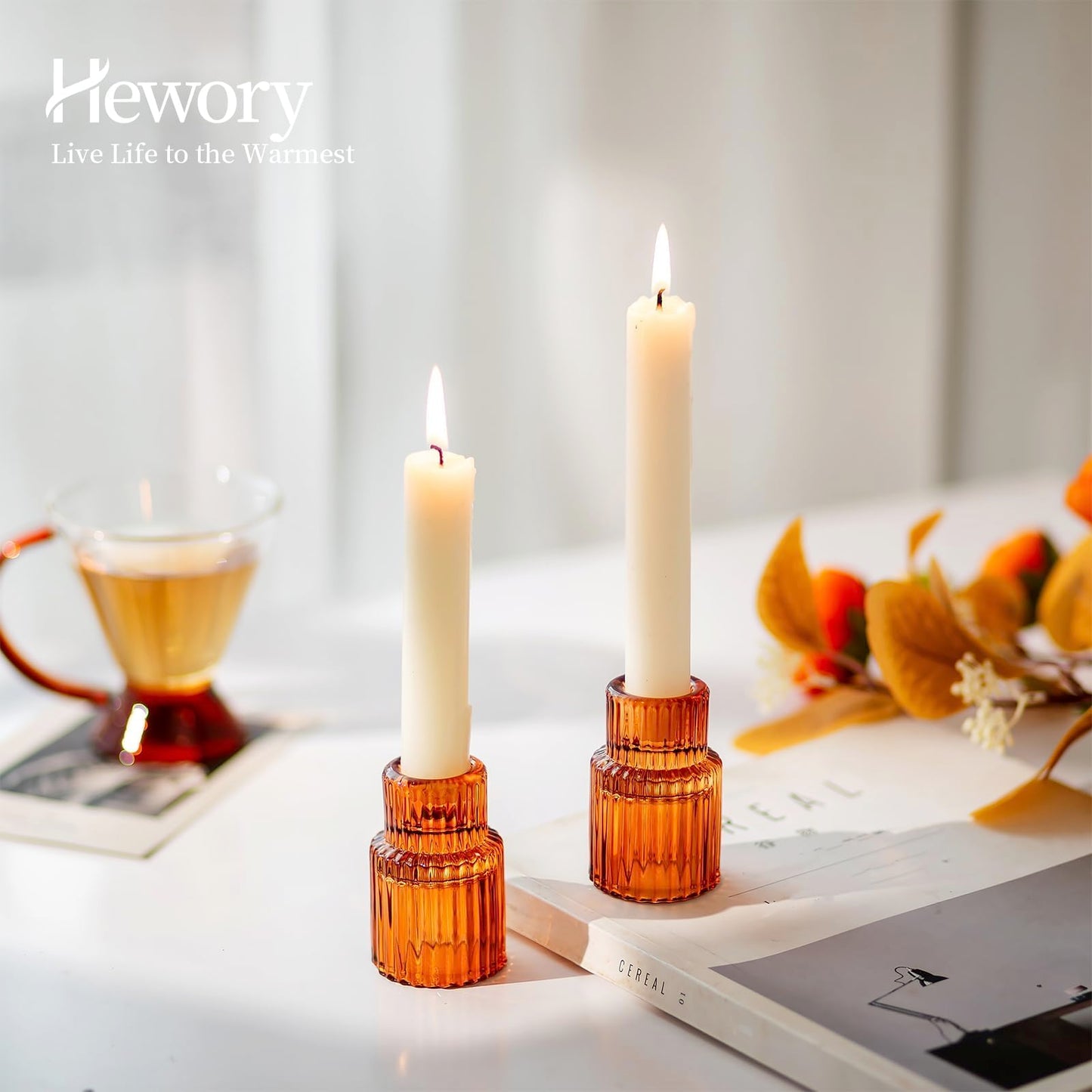 Hewory Glass Taper Candle Holders: 2PCS Amber Elegant Candle Holder Candlestick Holders Bulk, Ribbed Glass Candle Holder Candle Sticks Holder Decor for Table Centerpiece Fall Thanksgiving Home Decor