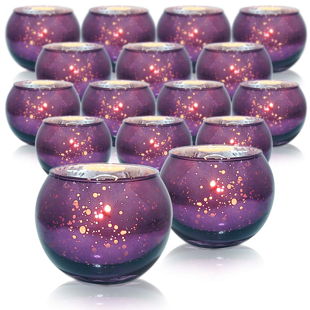 DerBlue 16Pcs Round Mercury Glass Votive Candle Holders for Wedding Centerpieces, Valentines Dinner, Garden Tub and Any Theme Events (Purple)