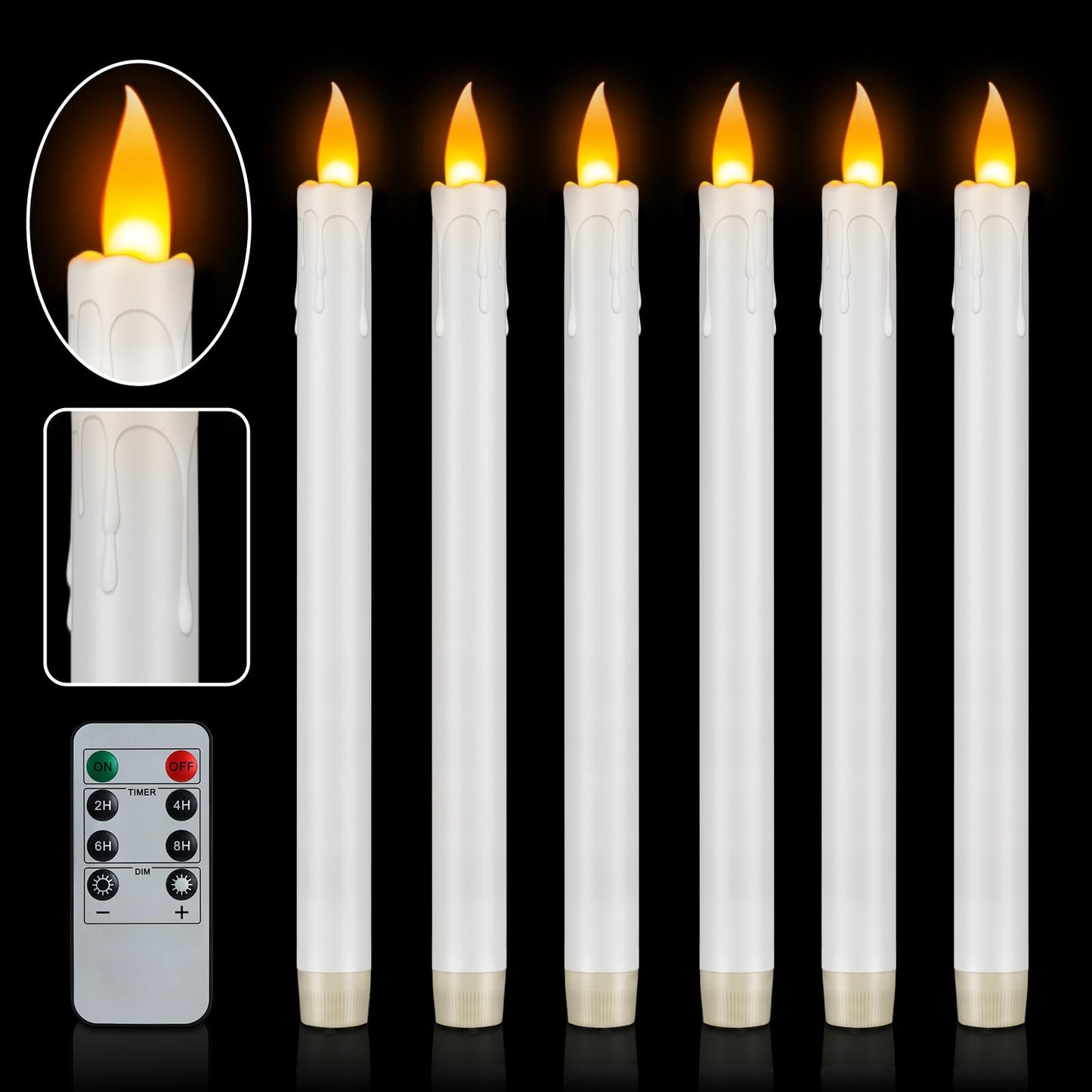 wemarry 10" Flameless Taper Candles with Remote, 6 Pcs White Electric Led candlesticks, PlasticTall Taper Candles Battery Operated with Flickering Flame for Halloween Christmas Wedding Home Décor