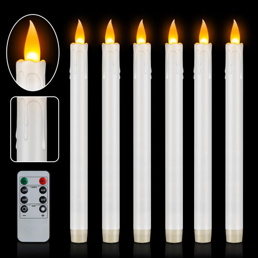 wemarry 10" Flameless Taper Candles with Remote, 6 Pcs White Electric Led candlesticks, PlasticTall Taper Candles Battery Operated with Flickering Flame for Halloween Christmas Wedding Home Décor