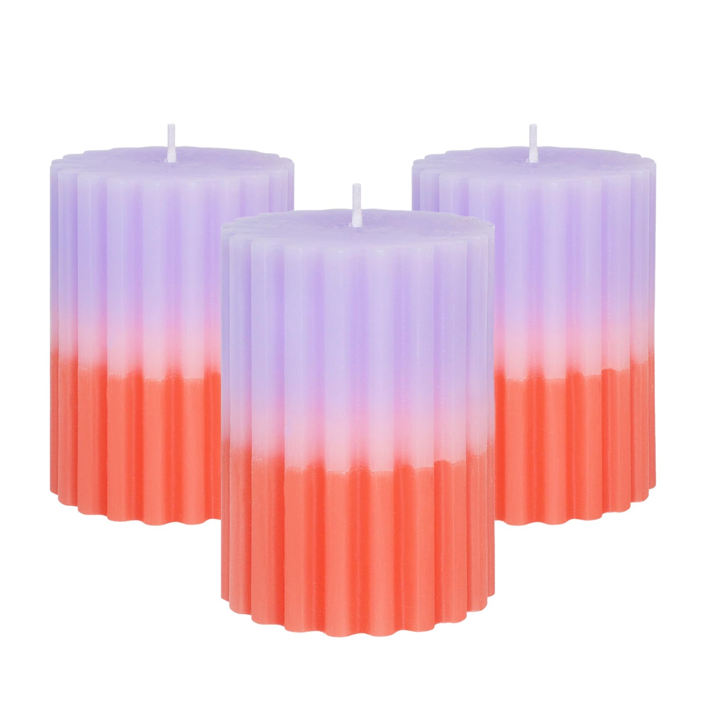 FLAVCHARM Ribbed Pillar Candles Purple Coral Gradient Vanilla Scented 3x4 Inch Candle Handmade Striped Aesthetic Retro Textured Pillar Candle for Boho Home Decor, Coffee Table, Weddings Party, 3-Pack