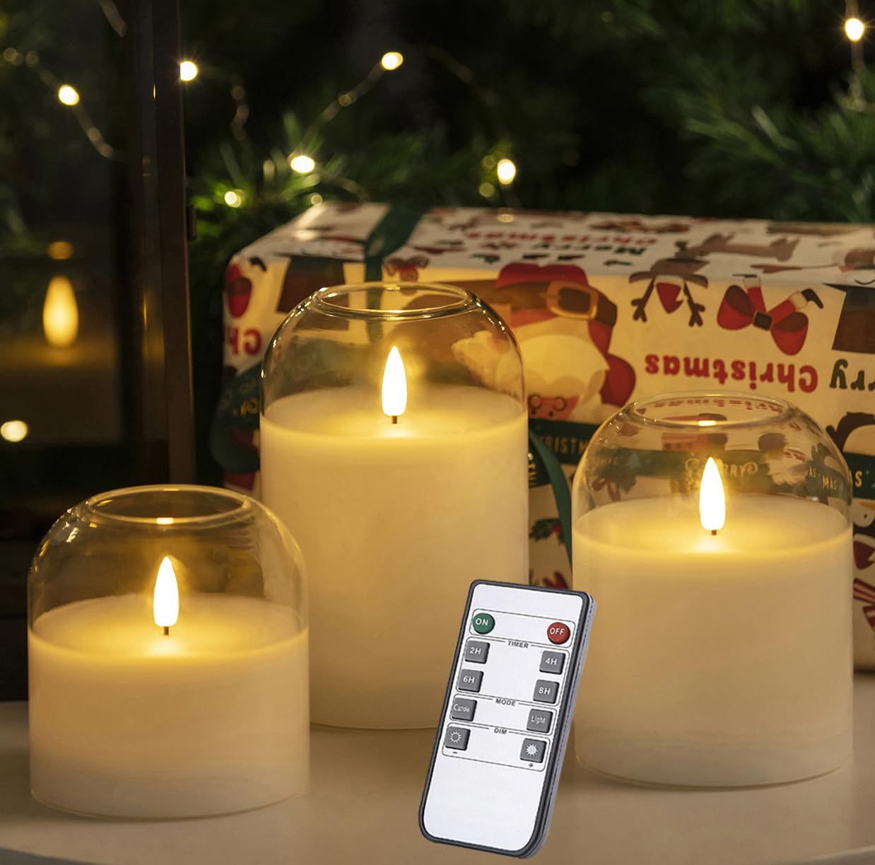 volnyus Clear Glass Flameless Candles with Remote Battery Operated Flickering LED Pillar Candles Real Wax Wick Φ 3"" H 4"" 5"" 6"", Gold