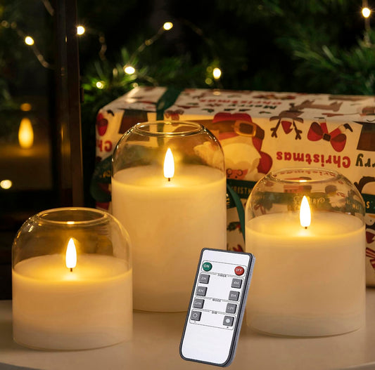 volnyus Clear Glass Flameless Candles with Remote Battery Operated Flickering LED Pillar Candles Real Wax Wick Φ 3"" H 4"" 5"" 6"", Gold