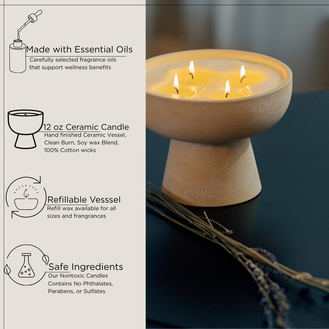 Blueme Sleep Candle | Lavender & Cypress | 2 Wick - Refillable Wellness Candle with Essential Oils, Hand Finished & Poured Soy Wax Blend Ceramic Vessel, Natural Cotton Wicks | Medium 12 oz