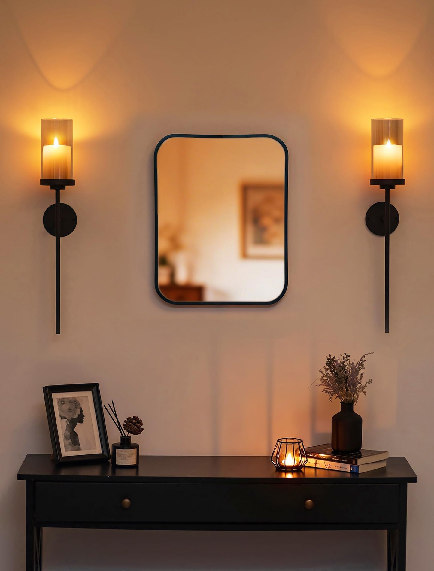 Walasis Black Wall Candle Holder Decor: 22 Inch Metal Long Candle Sconces with Smokey Grey Hurricane Modern Minimalist Decoration for Hallway Living Room Beside Fireplace TV