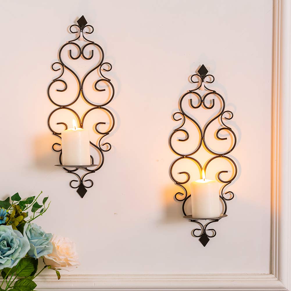 Sziqiqi Iron Wall Candle Sconce Holder Set of 2 Hanging Wall Mounted Pillar Candle Sconces Holder, Wall Sconces Decor for Bedroom Dining Room (Black)