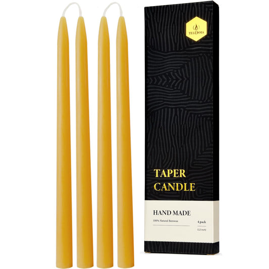 12 inch Organic Beeswax Taper Candles 4 Pack - Dripless Candle, Natural Beeswax Candle, 9+ Hours Long Burning Time -Yellow