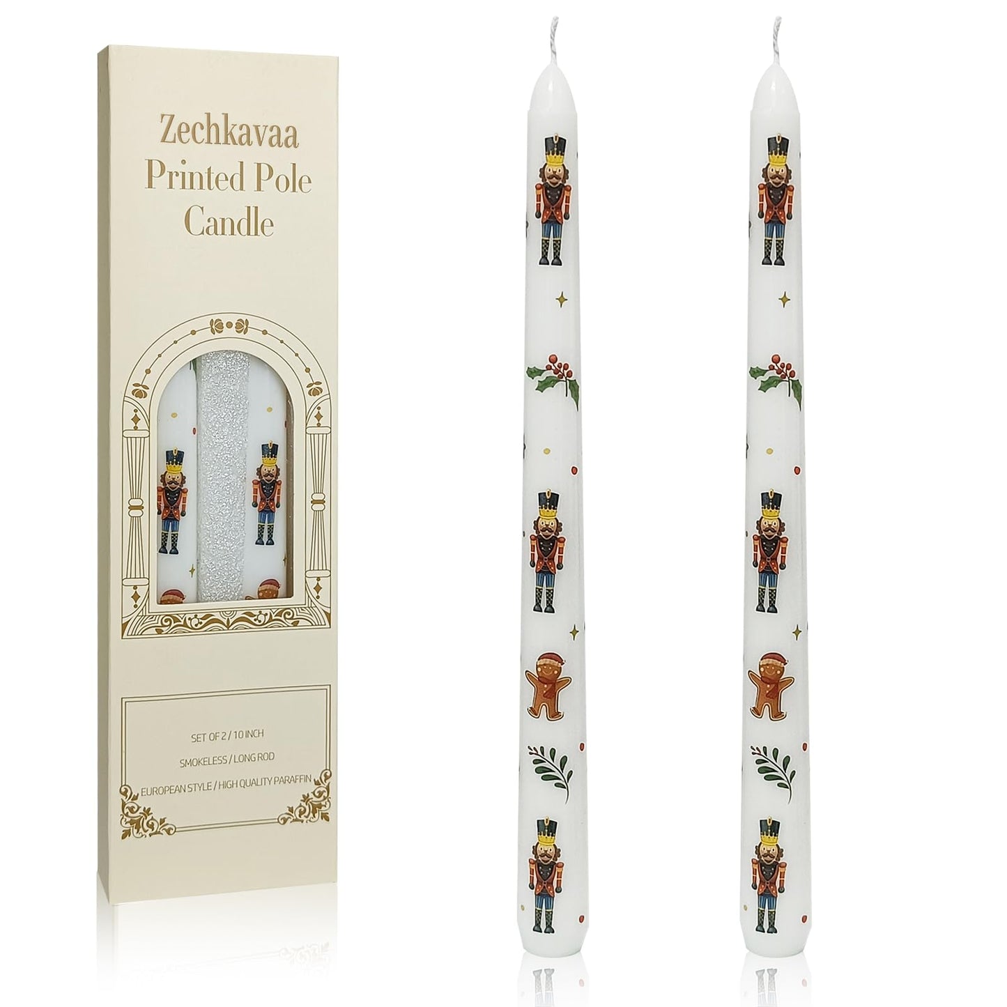 Floral Taper Candles 10 Inch Tall Unscented Handmade Gingerbread Man Print Long Burning Elegant Candlesticks for Christmas Decor Gifts