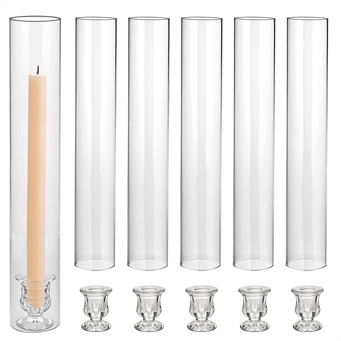 CHILL RECIPE Hurricane Glass Candle Holders-Set of 6 Tall Taper Candle Holder with 14” Tall Clear Cylinder Covers for Wedding Table Centerpiece Home Decor (Floral Base+Clear Chimney)