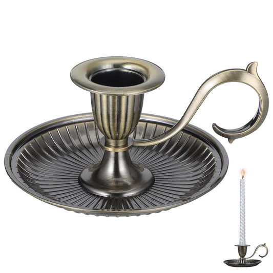 UKCOCO Vintage Taper Candle Holder with Handle 4.52In Zinc Alloy Bronze – Retro Tabletop Candlestick for Wedding & Home Decor