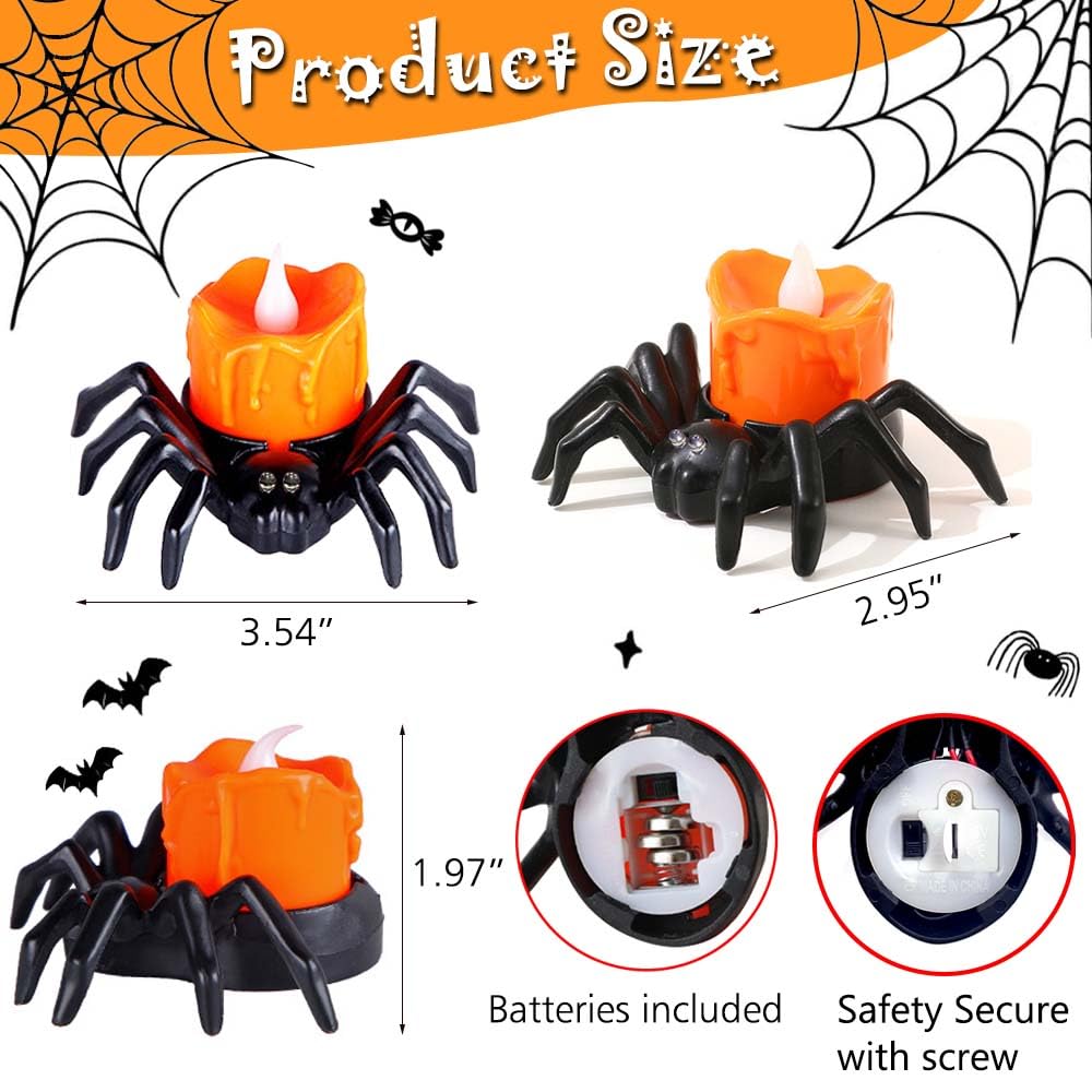 6 Pack Halloween Flameless LED Candle Lights, 3D Spider LED Tealight Candles with Bright Warm Yellow&Purple Light, Battery Operated Led Decorative Candle Lights for Home, Halloween, Christmas Decor
