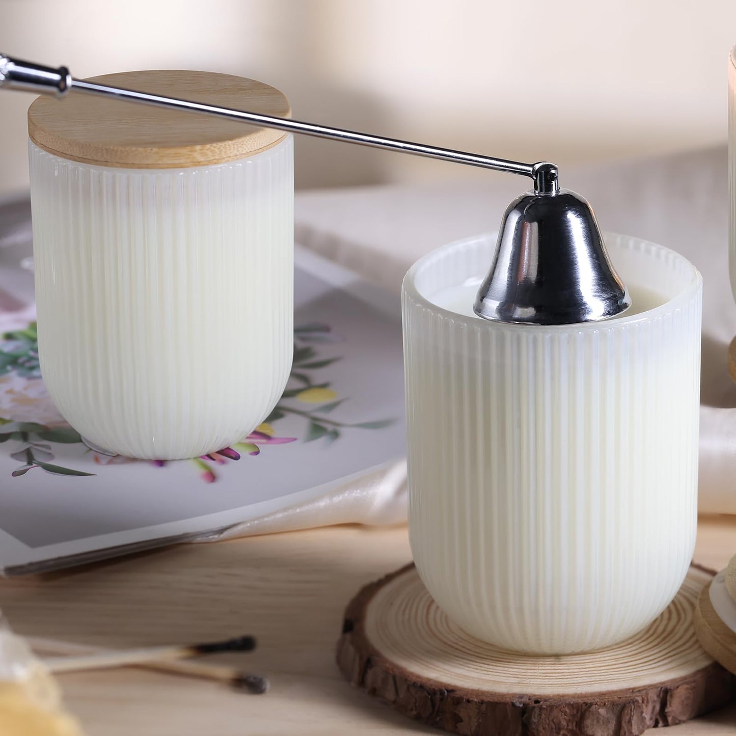 REISEN 12PCS Milky White Ribbed Candle Jars for Making Candles, 8.5 OZ Empty Glass Candle Making Jars with Bamboo Lids, Candle Wick Kit and Sticky Warning Labels, Candle Vessels for Candle Making