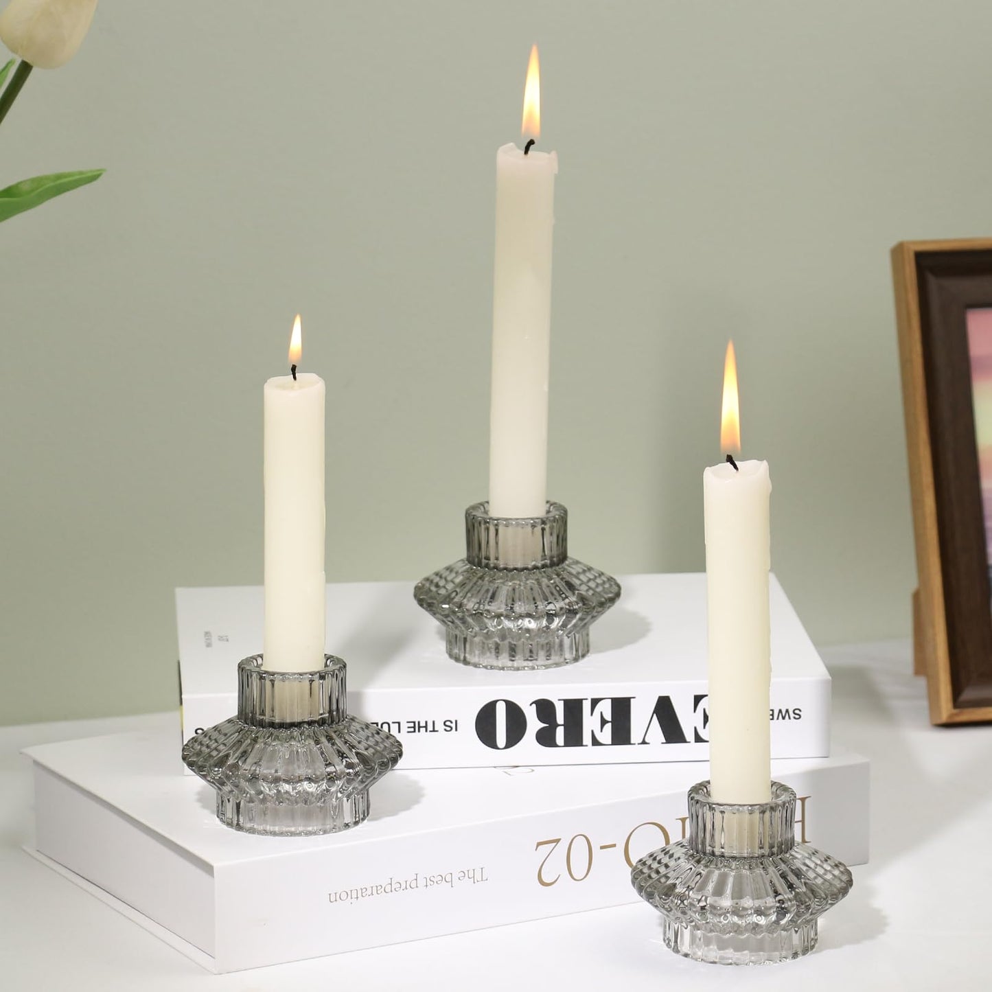 CHOCSTAY Reversible Candlestick Holders Set of 3, Gray Glass Taper and Tealight Candle Holders for Table Centerpiece, Wedding, Party, Home Decor