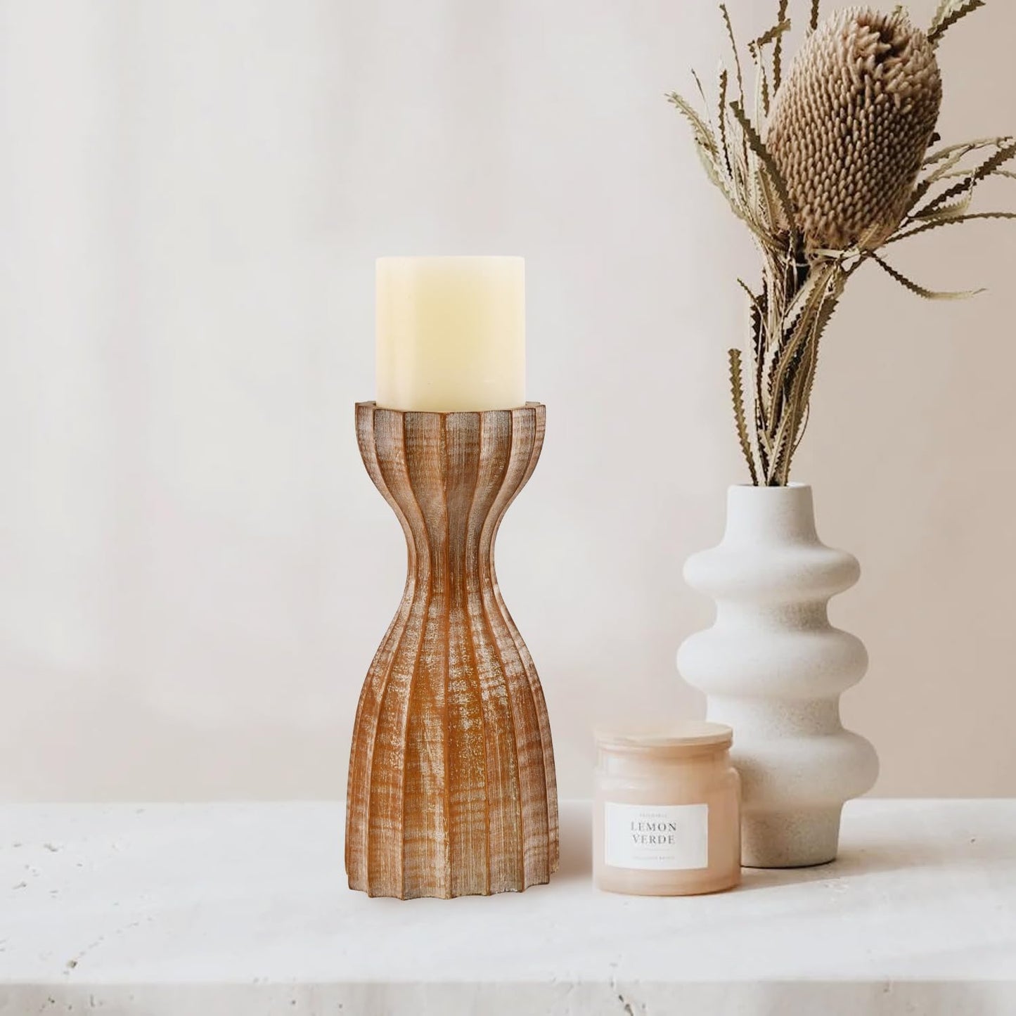 Farmhouse Wooden Candle Holders for Pillar Candles, Brown Prism Rustic Wood Pillar Candle Stands Table Centerpiece Decor for Fireplace, Living, and Dining Room