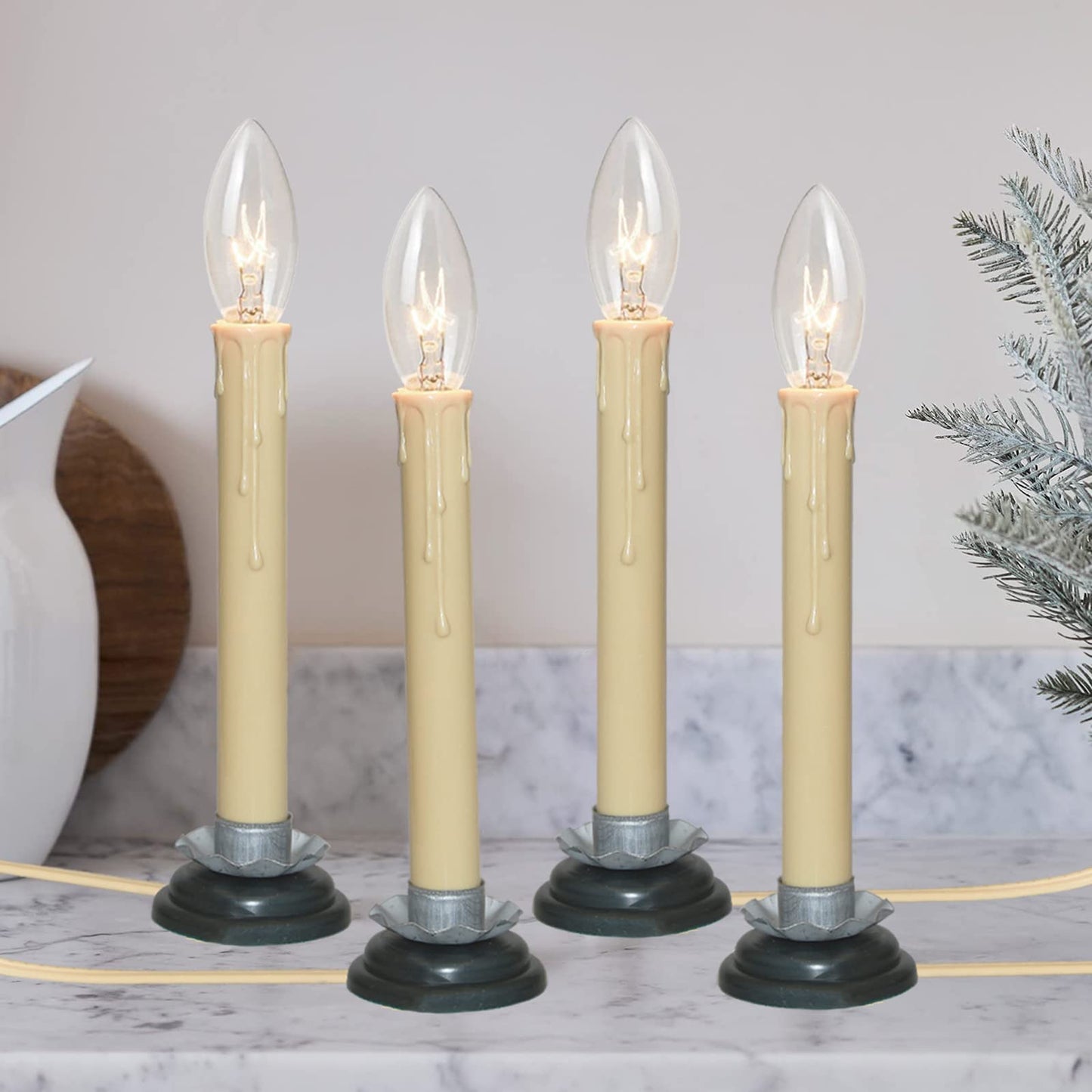 SUNSGNE Set of 4 Electric Window Candles, 7 Inch Plug in Window Candle Lamps with 7 Watt C26 Bulbs, Electric Candles with Black Wood Plum Iron Base, Turn On/Off Switch Candlesticks, Ivory Cord