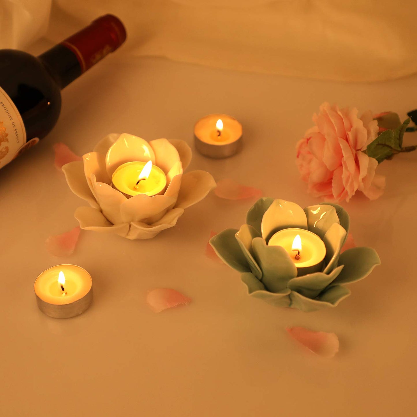 OwnMy 4.5 Inch Ceramic Lotus Flower Tea light Holder Lotus Petals Candle Holder Candlestick, Votive Flower Tealight Candle Holder Candle Lamps Holder with Gift Box for Home Decor Wedding Party (White)