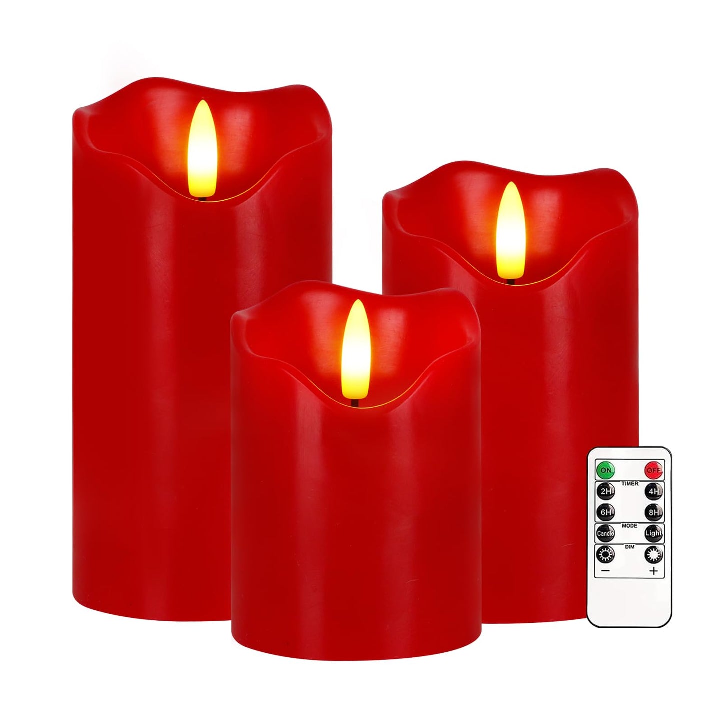 VEEKI Flameless Candles Lights, Set of 3 Flickering LED Candles with Remote & Timer, Dimmable Real Wax Electric Pillar Candles Battery Operated, Red Candles for Home Christmas Decor (Red)