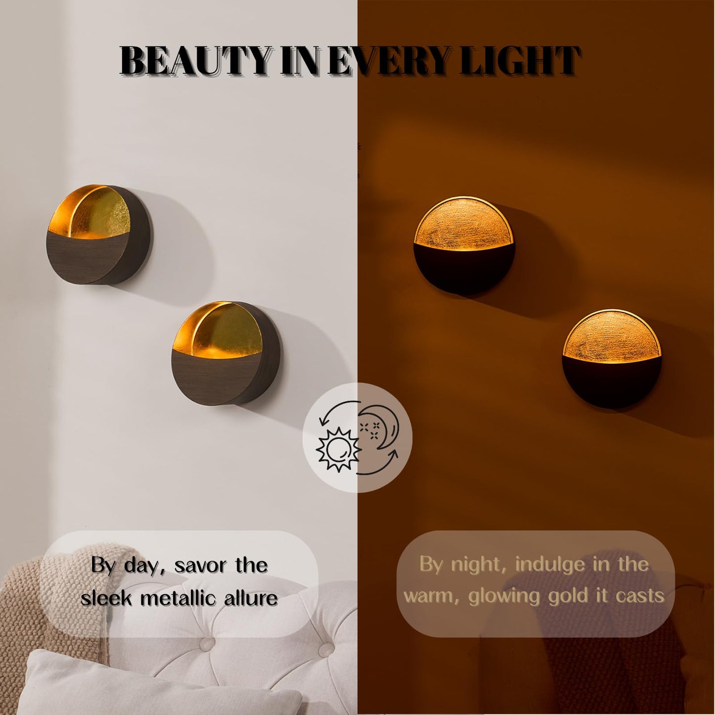 Eclipse Wall Candle Holder Set of 2, Metal Candle Sconces with Brushed Wood Grain and Gold Interior, Christmas Wall Decor for Living Room, Bedroom, and Modern Farmhouse