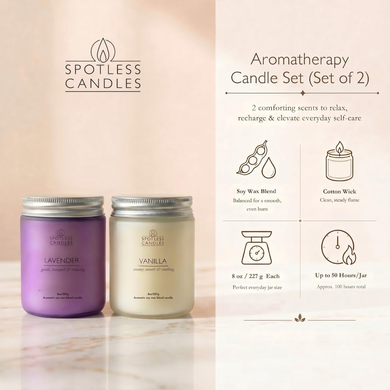 Aromatic Candles Two Pack - 2 x 8 oz Lavender & Vanilla in a Gift Pack, Classic Candle Set for Men and Women by Spotless Leopard
