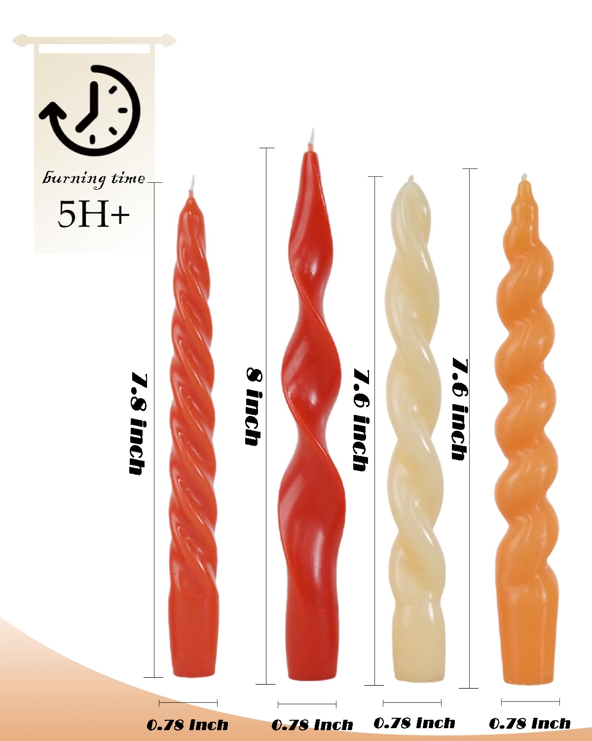 Orange Taper Candle Stick Spiral Taper Candle for Wedding Party Fall Decoration Home Dinner Decoration Unscented Candles,7.6inch,4 Pack