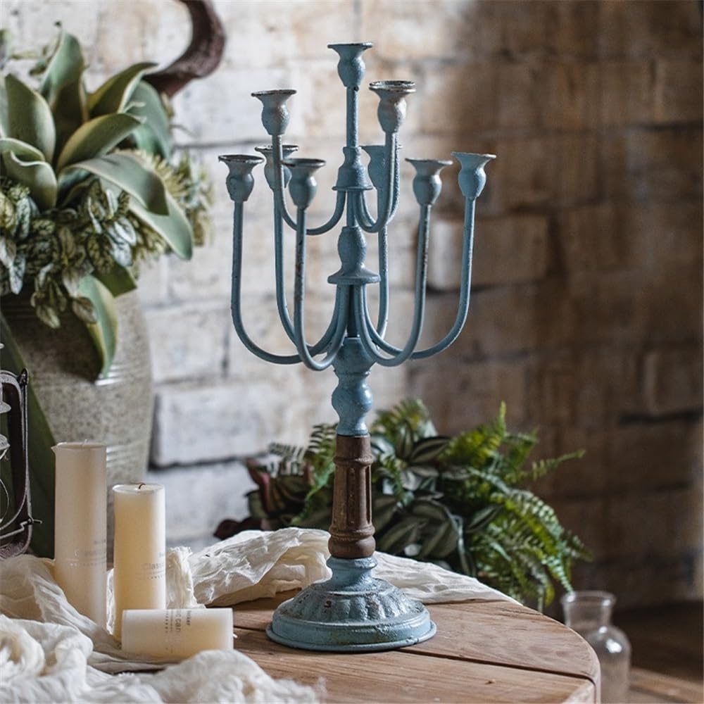 Candle Sticks Holder Retro Old Iron Candlestick Ornaments Flower Shop Wedding Western Restaurant Christmas Decoration Props for Dinner Party Festival(Blue)