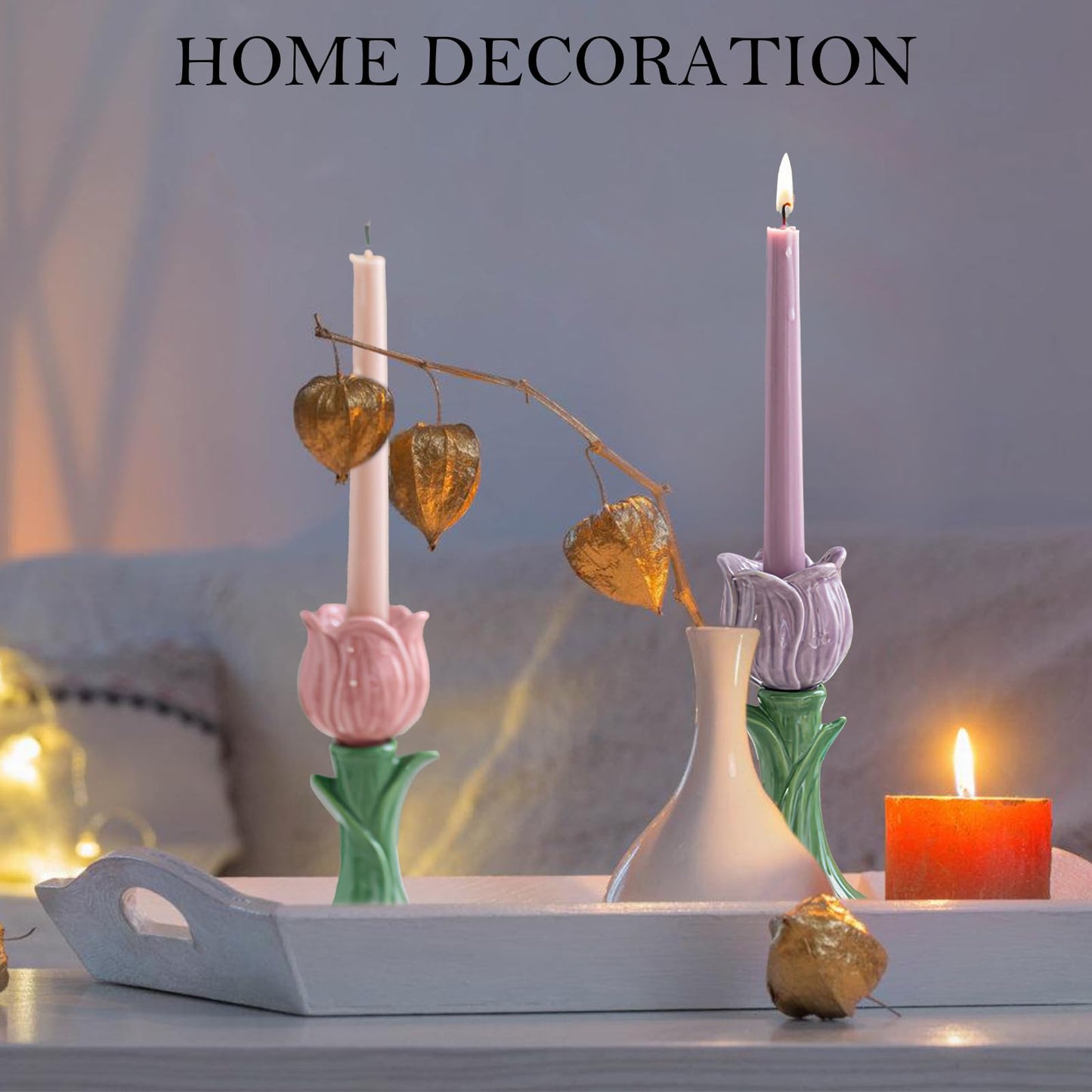 Ceramic Candlestick Holder， Candle Holder for Taper Candles,Incense, Santo Palo, Halloween Christmas Wedding Parties, Dining Room Home Decoration Display (Orange)